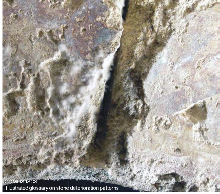 Presence of down-like white moulds on a limestone block (source@ICOMOS).